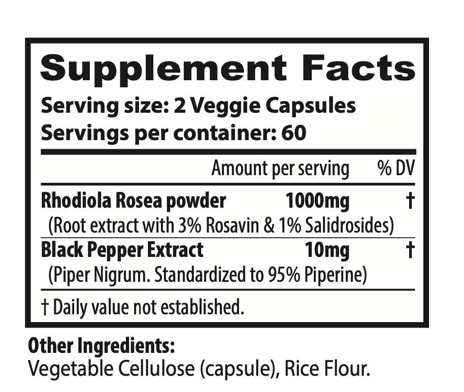 NotBlue Formula Rhodiola Rosea, 500mg/capsule, 5mg black pepper - 180 day supply